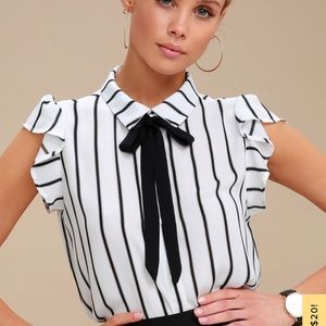 Black and white striped tie-neck top